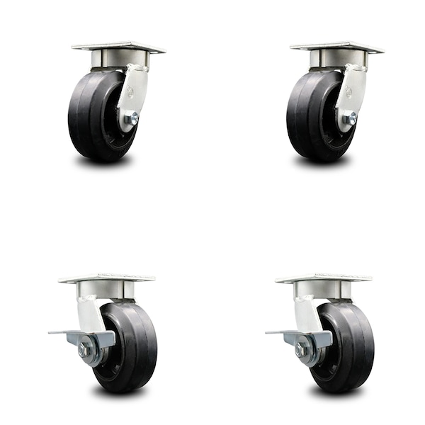 5 Inch Kingpinless Rubber on Steel Wheel Swivel Caster Set with 2 Brakes SCC